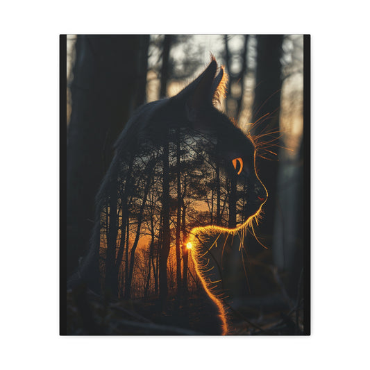 Cat Silhouette Wall Art - Forest Sunset Canvas Decor, Animal Lover Gift, Home Decoration, Nature Inspired Art, Cat Aesthetic - VYBE Shop