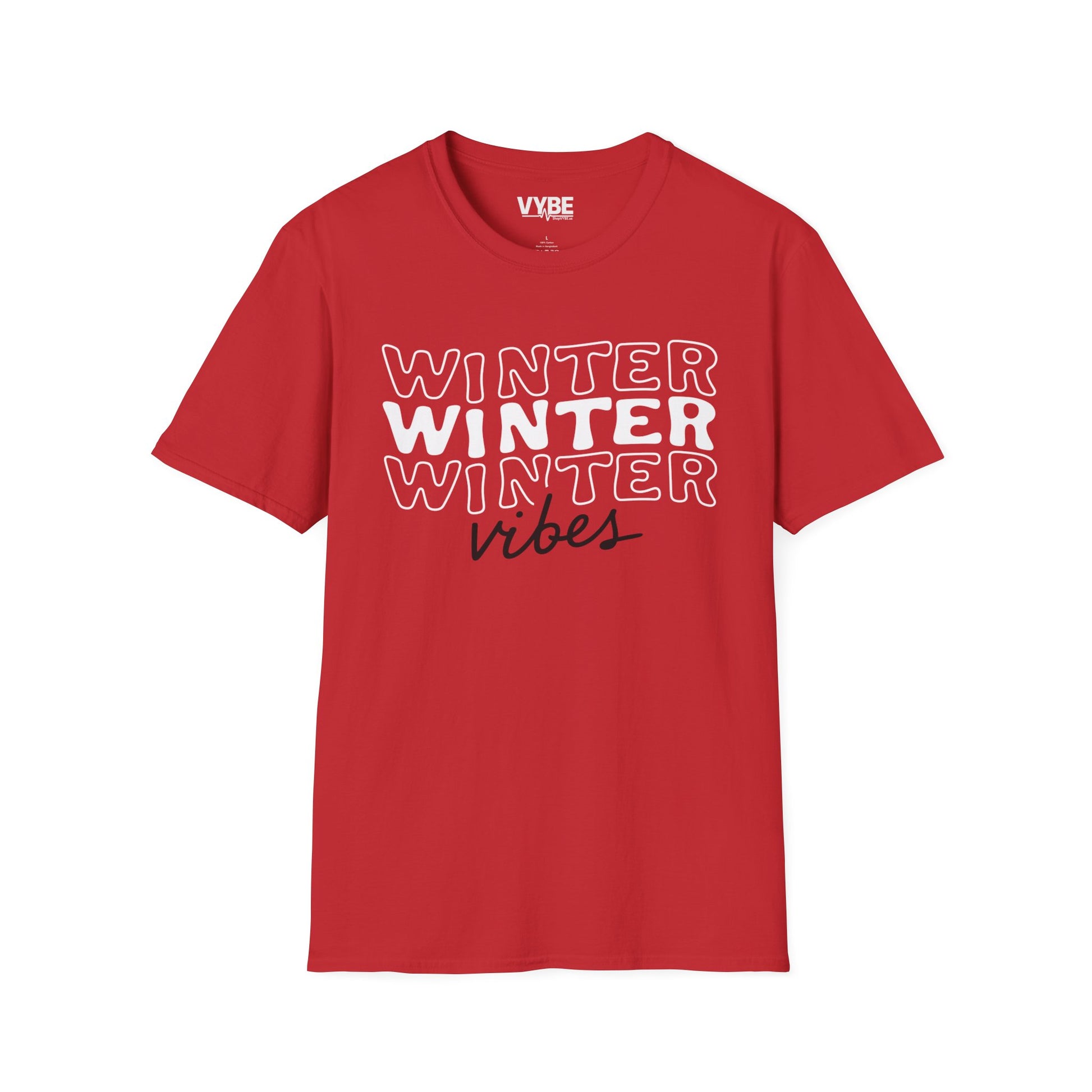 Red t-shirt with 'Winter Vibes' text on a white background