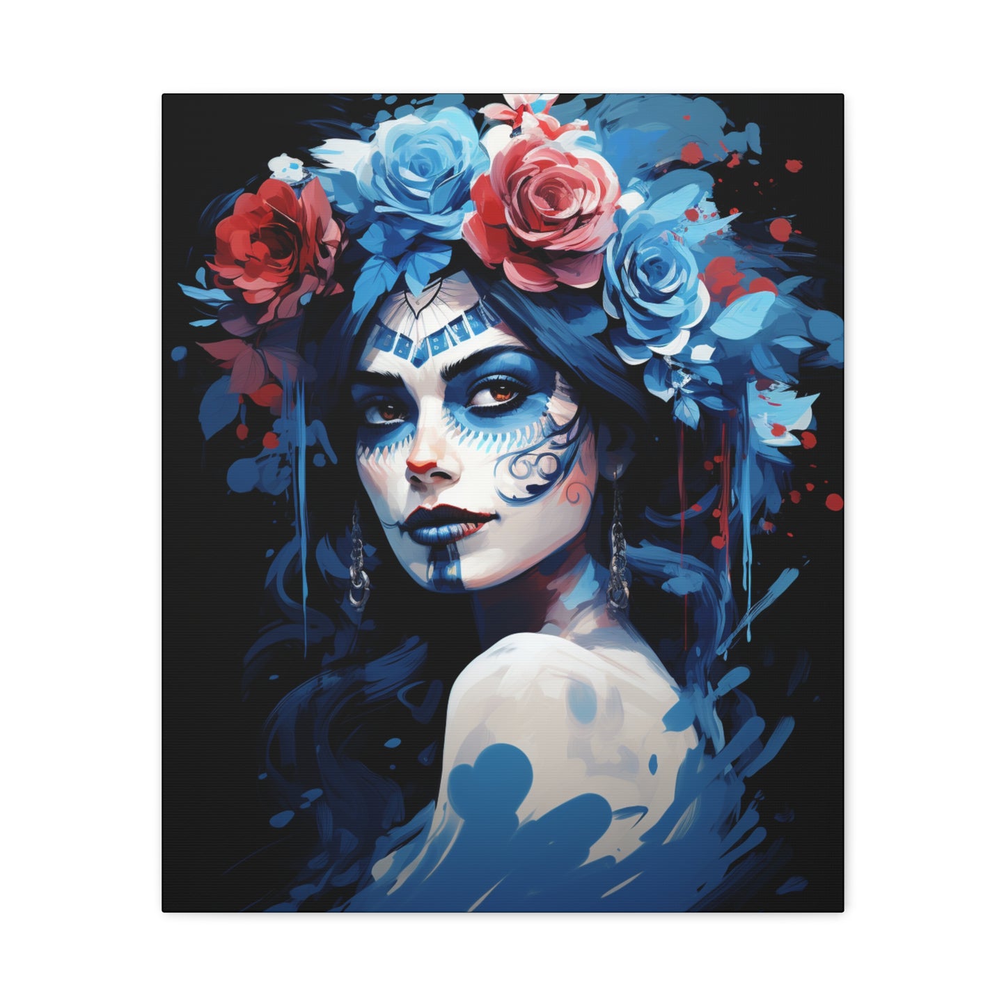 Artistic Stretched Canvas Print of Flower Crown Woman, Colorful Wall Art for Home Decor, Gift for Art Lovers, Bohemian Decor, Day of [...] - VYBE Shop