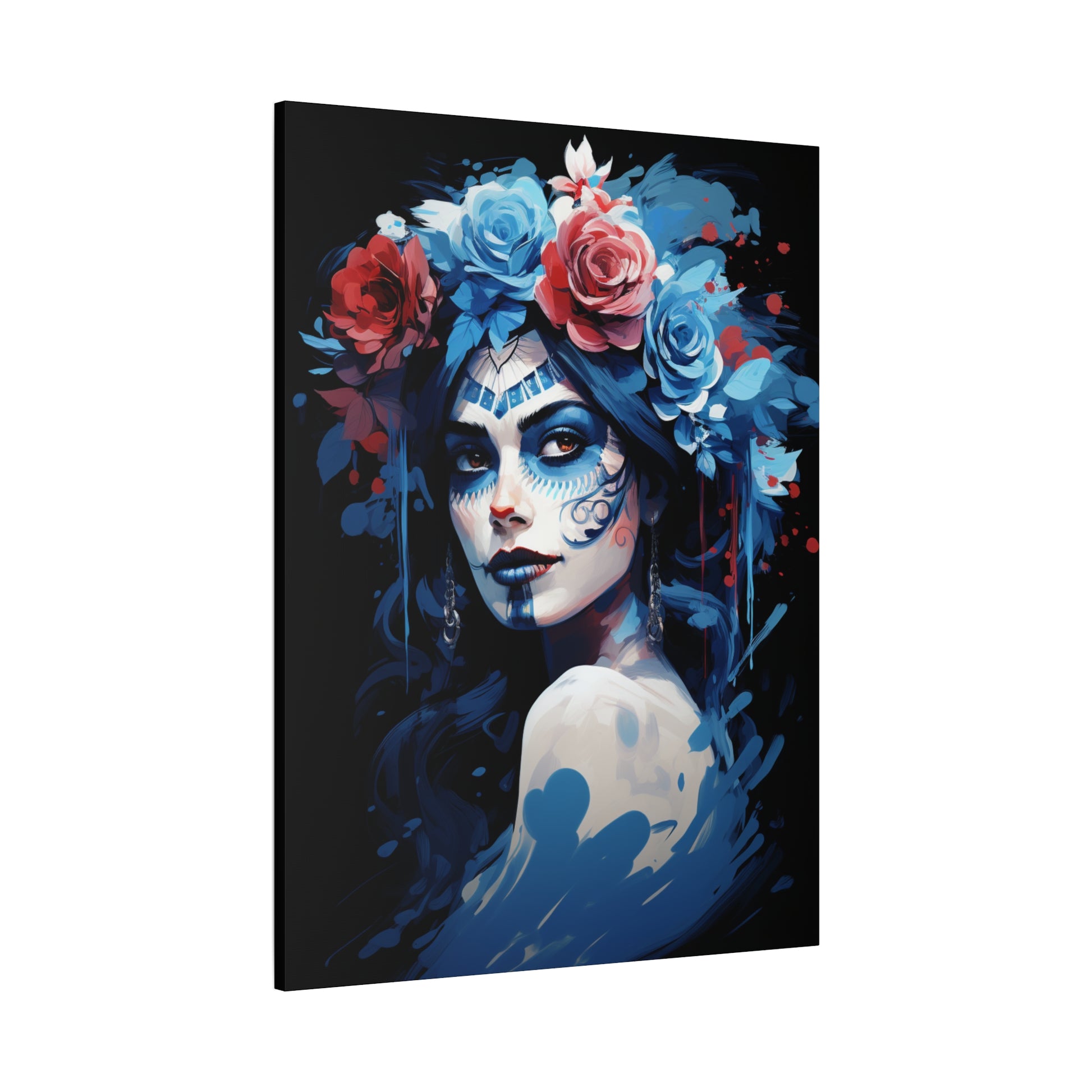 Artistic Stretched Canvas Print of Flower Crown Woman, Colorful Wall Art for Home Decor, Gift for Art Lovers, Bohemian Decor, Day of [...] - VYBE Shop