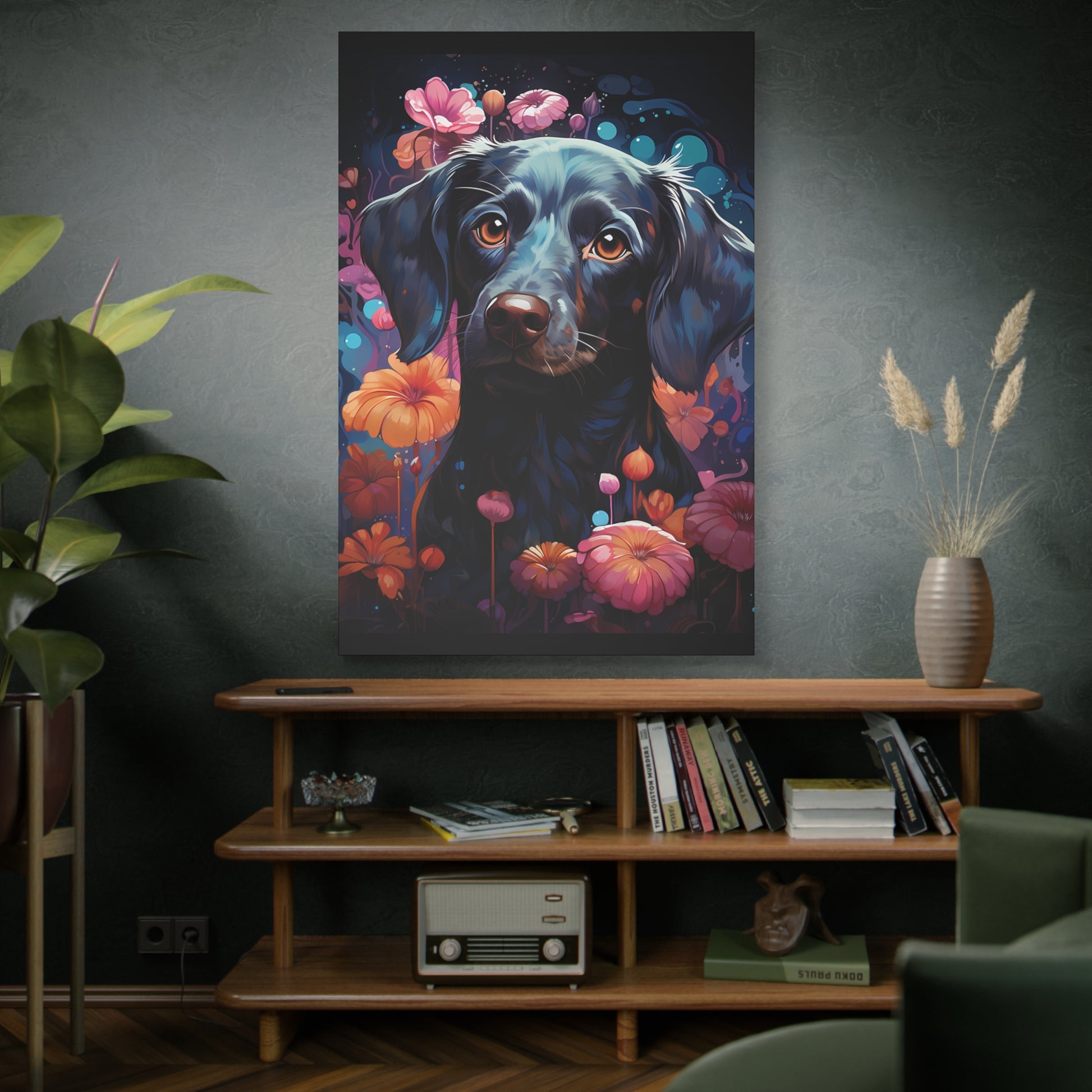 Beautiful Black Dog Canvas Print - Floral Dog Art Decor - VYBE Shop