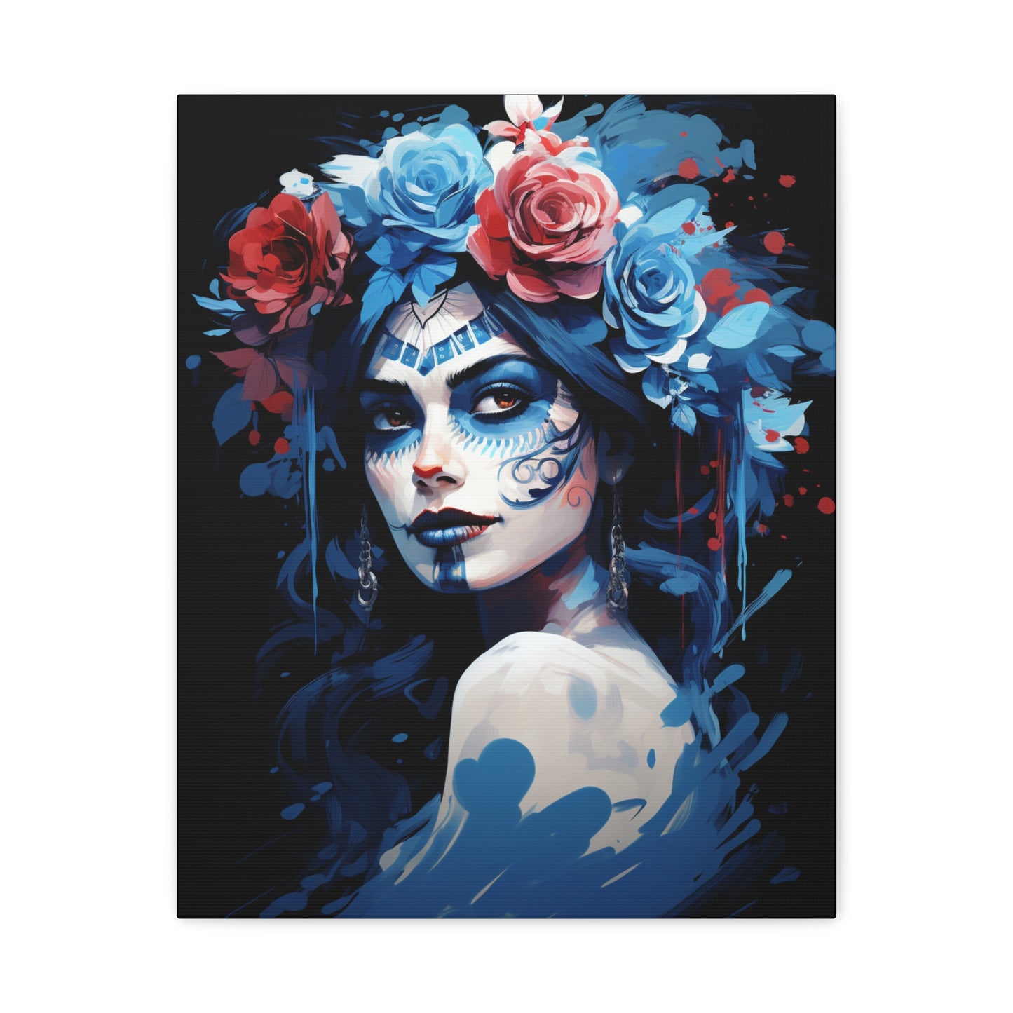Artistic Stretched Canvas Print of Flower Crown Woman, Colorful Wall Art for Home Decor, Gift for Art Lovers, Bohemian Decor, Day of [...] - VYBE Shop