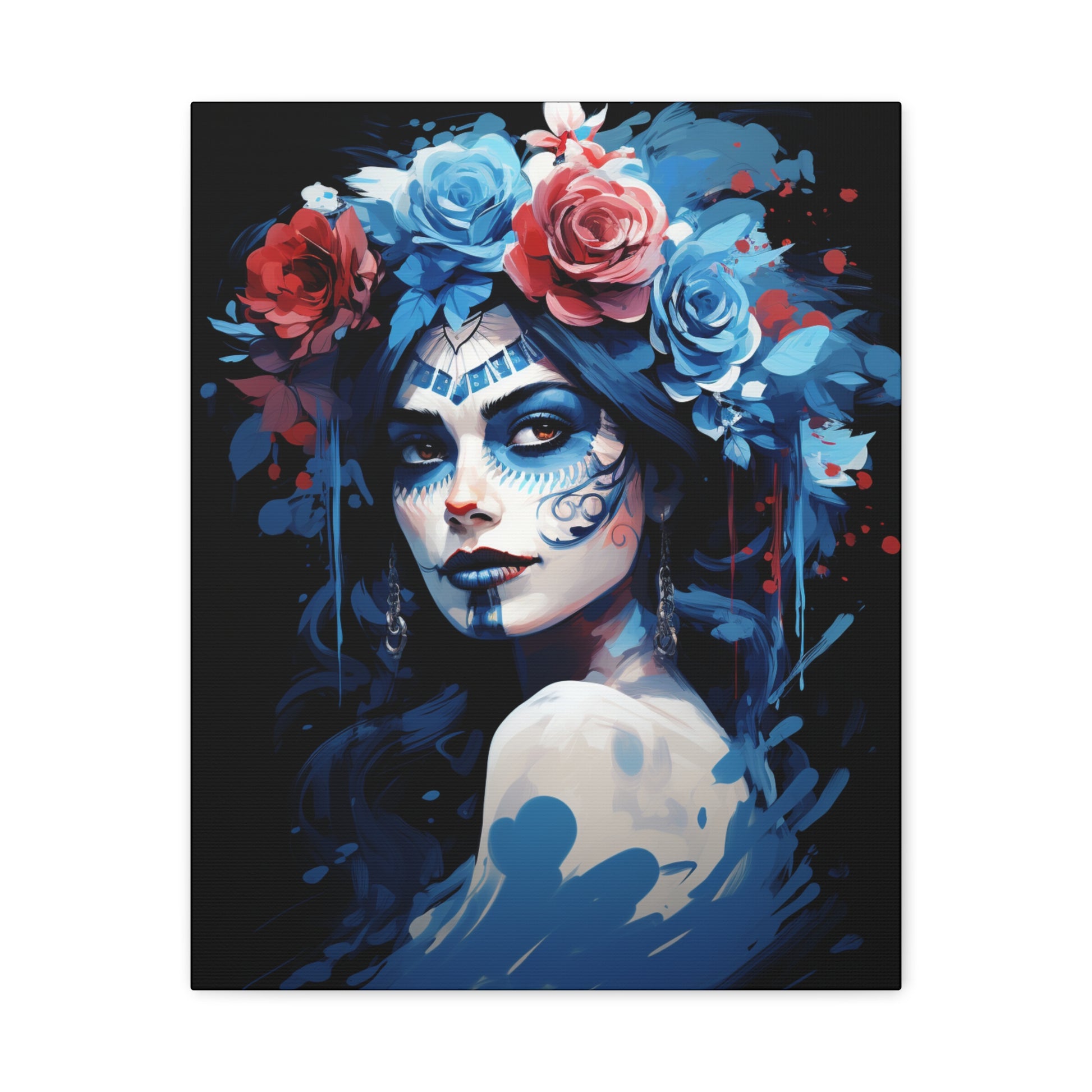 Artistic Stretched Canvas Print of Flower Crown Woman, Colorful Wall Art for Home Decor, Gift for Art Lovers, Bohemian Decor, Day of [...] - VYBE Shop