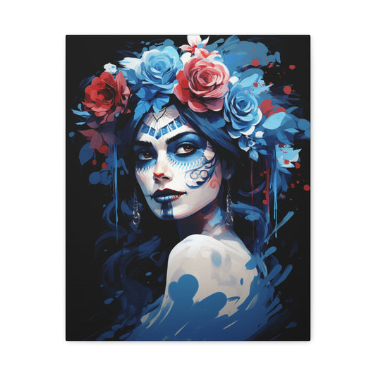 Artistic Stretched Canvas Print of Flower Crown Woman, Colorful Wall Art for Home Decor, Gift for Art Lovers, Bohemian Decor, Day of [...] - VYBE Shop