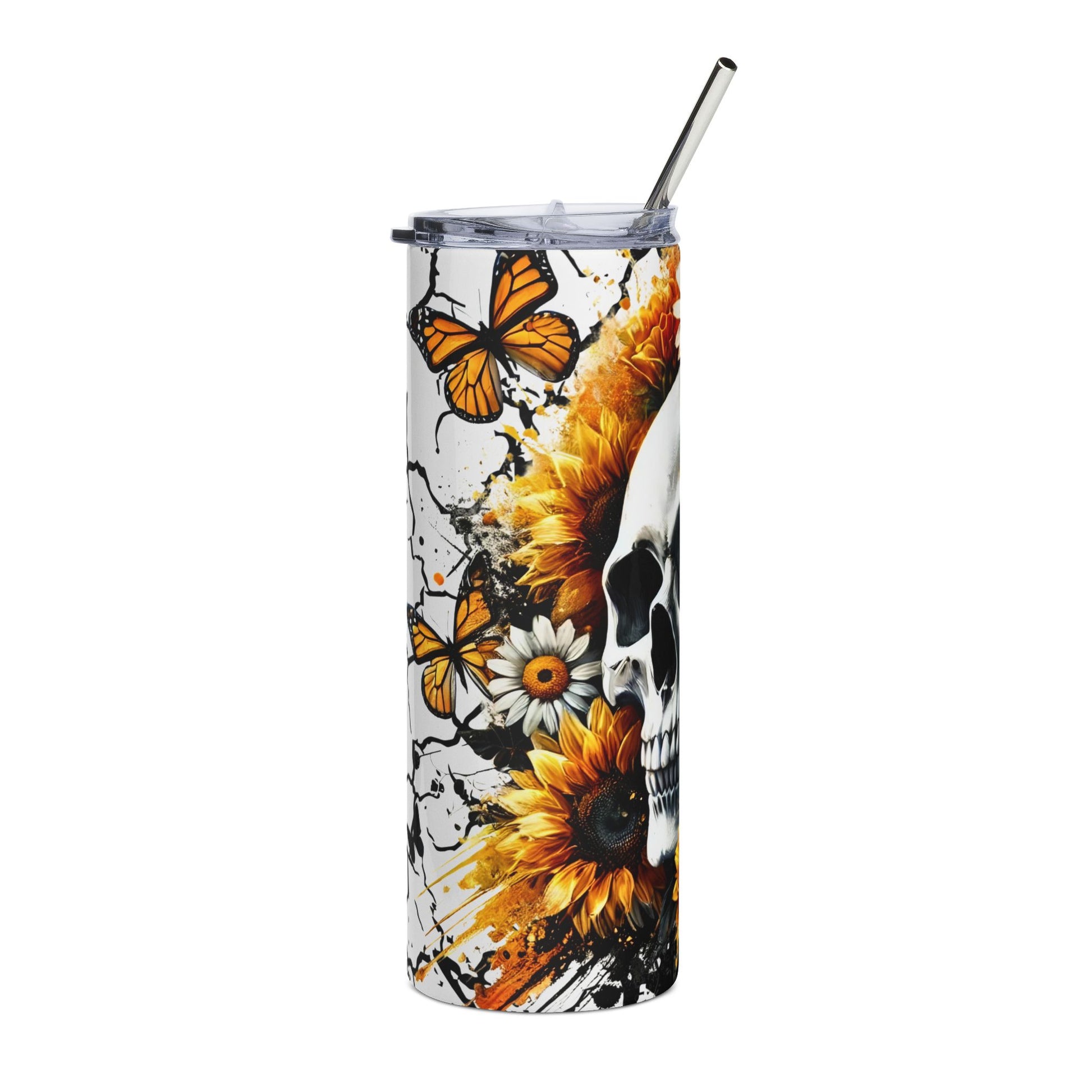 Skull and Sunflower Stainless Steel Tumbler | 20oz Travel Mug | Gifts for Her | Halloween Decor | Summer Vibes | Eco-Friendly Drinkware - VYBE