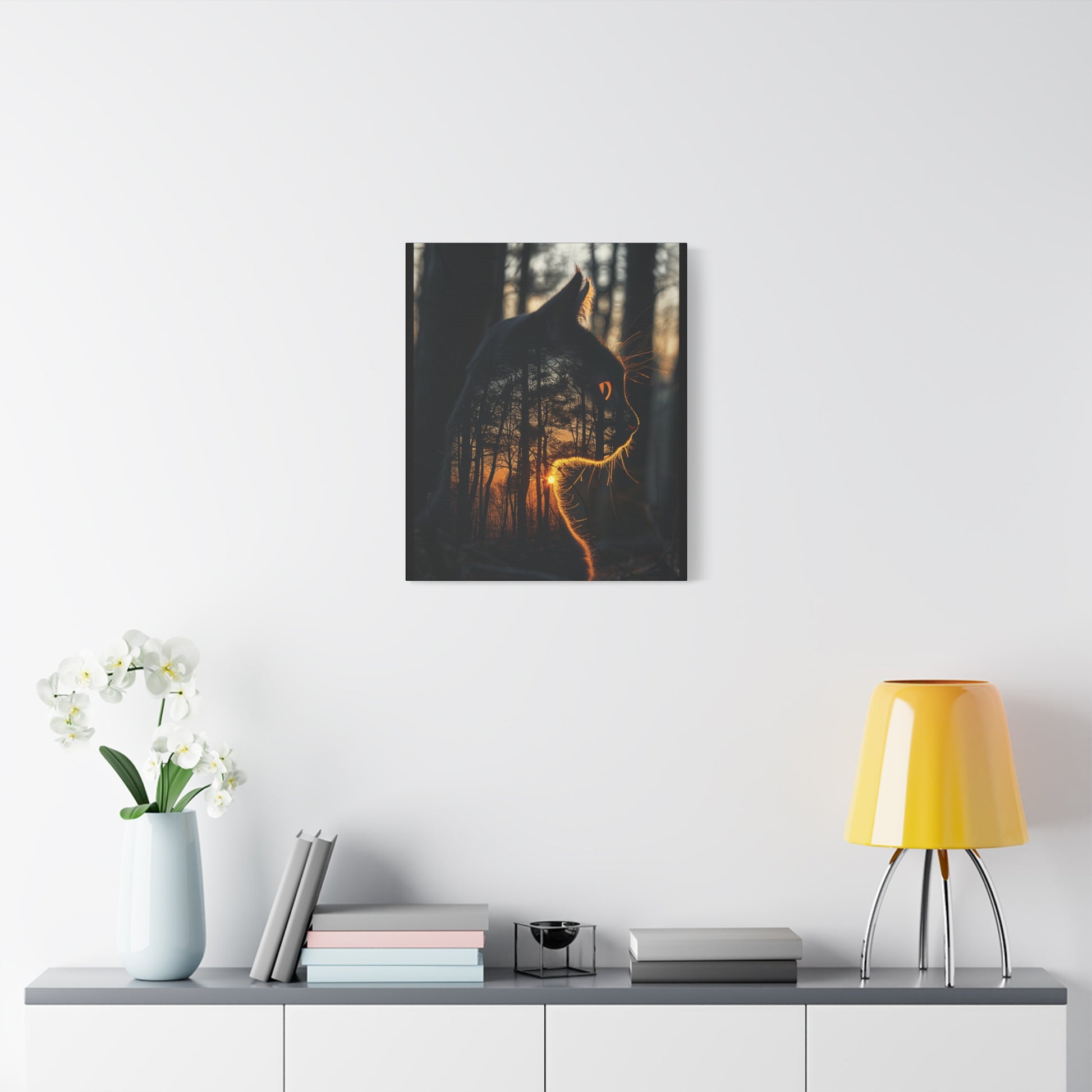 Cat Silhouette Wall Art - Forest Sunset Canvas Decor, Animal Lover Gift, Home Decoration, Nature Inspired Art, Cat Aesthetic - VYBE Shop