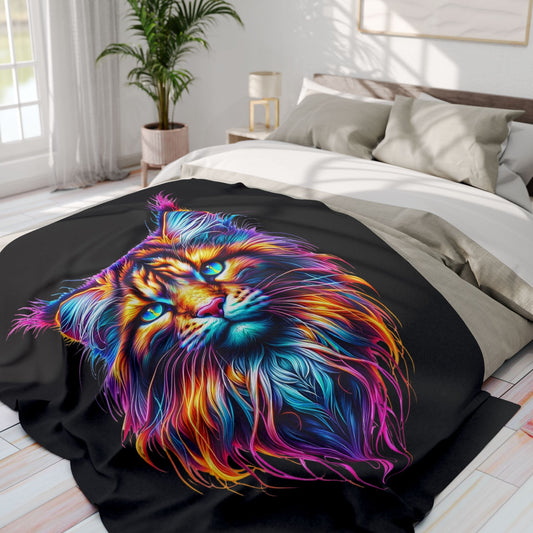 Colorful lion design on a black blanket over a bed in a bright bedroom.