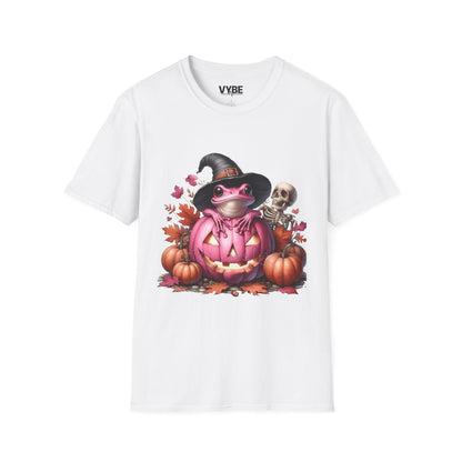 Halloween- Cute Pink Halloween Frog T-Shirt, Pumpkin Tee, Fall Apparel, Unisex Halloween Shirt, Cute Skeleton Design - VYBE Shop