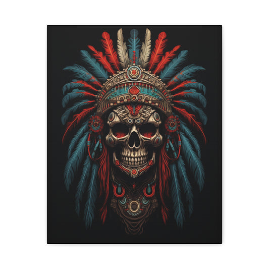 Skull Warrior Canvas Art Print, Stretched Artwork for Home Decor, Tribal Wall Art, Unique Gift, Boho Aesthetic - VYBE Shop