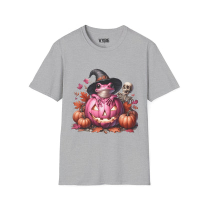 Halloween- Cute Pink Halloween Frog T-Shirt, Pumpkin Tee, Fall Apparel, Unisex Halloween Shirt, Cute Skeleton Design - VYBE Shop