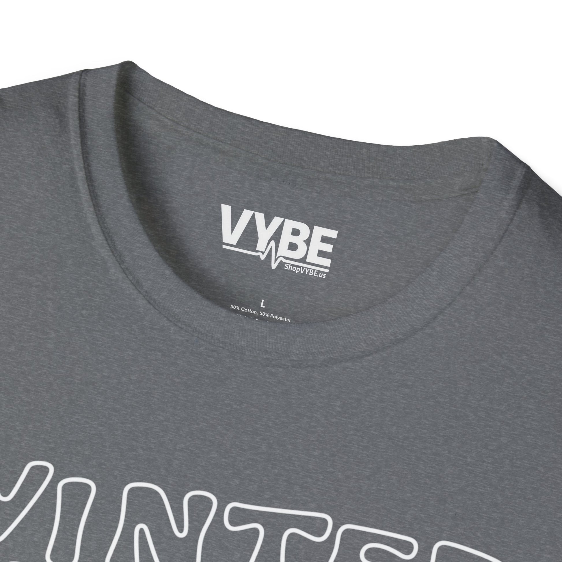 Gray t-shirt with 'VYBE' logo on a white background
