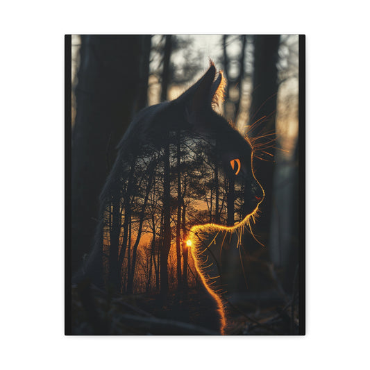 Cat Silhouette Wall Art - Forest Sunset Canvas Decor, Animal Lover Gift, Home Decoration, Nature Inspired Art, Cat Aesthetic - VYBE Shop