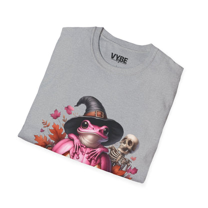 Halloween- Cute Pink Halloween Frog T-Shirt, Pumpkin Tee, Fall Apparel, Unisex Halloween Shirt, Cute Skeleton Design - VYBE Shop