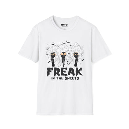 Halloween- Freak in the Sheets T-Shirt, Funny Graphic Tee, Halloween Costume, Gift for Sheet Lovers, Casual Wear, Horror Vibe - VYBE Shop