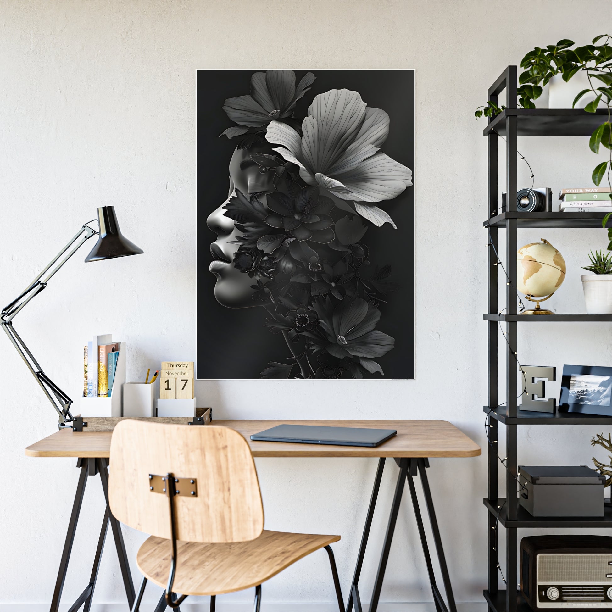 AfroArt Elegant Floral Wall Art Print, Black and White Gloss Poster - VYBE Shop