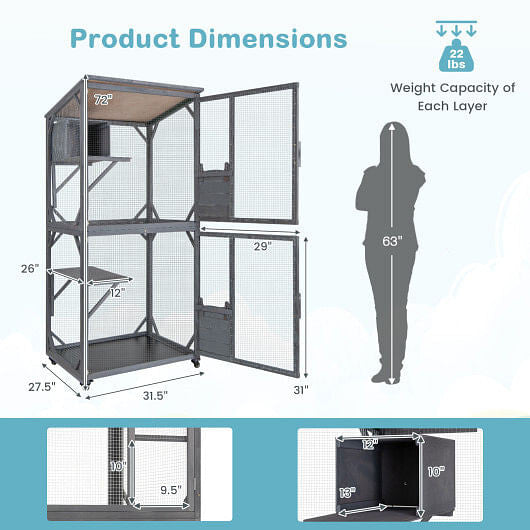 72 Inch TallWooden Cat House with Weatherproof Asphalt Roof-Gray - VYBE