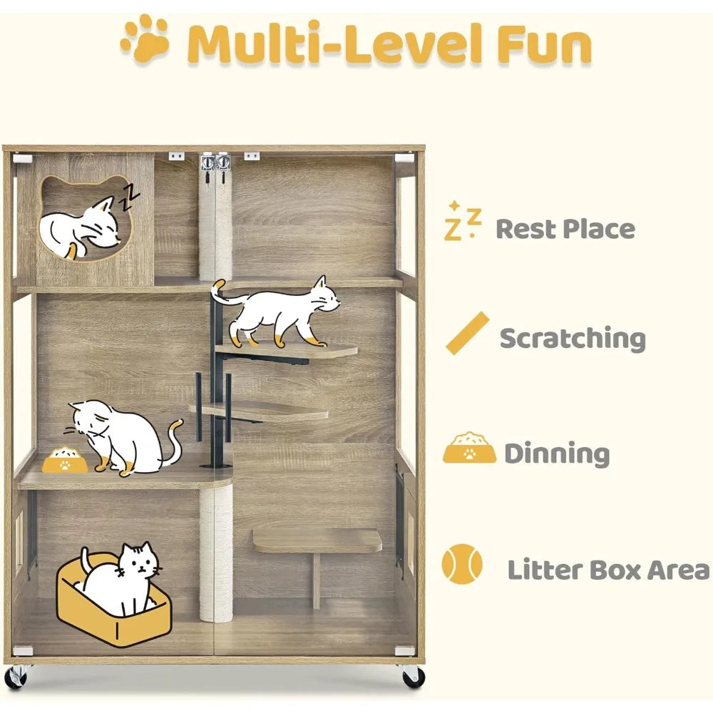 Wooden Cat House - Luxury Large Condo with Lockable Wheels & Escape Door - VYBE