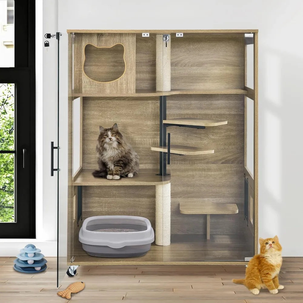 Wooden Cat House - Luxury Large Condo with Lockable Wheels & Escape Door - VYBE