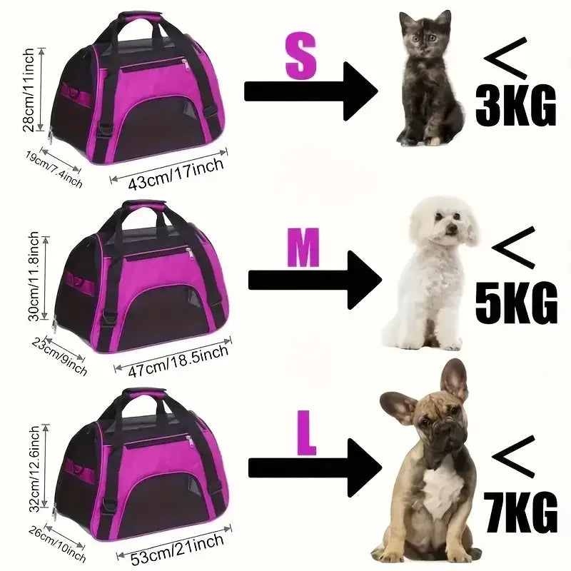 Pet carrier with size chart showing dimensions and weight limits for small, medium, and large pets.