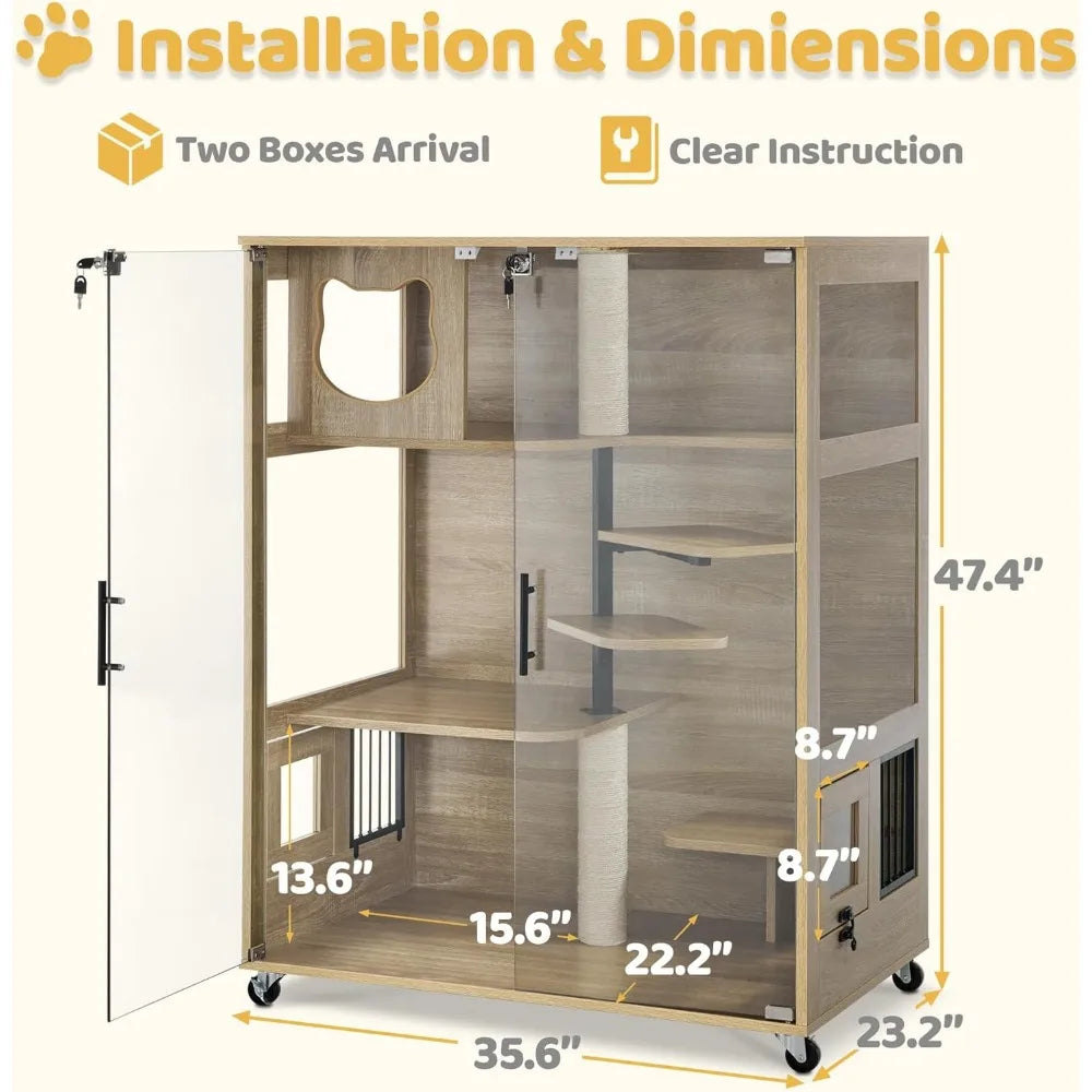 Wooden Cat House - Luxury Large Condo with Lockable Wheels & Escape Door - VYBE