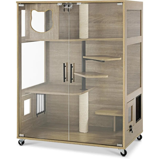 Wooden Cat House - Luxury Large Condo with Lockable Wheels & Escape Door - VYBE