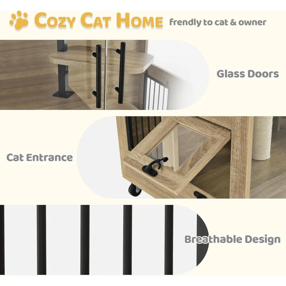 Wooden Cat House - Luxury Large Condo with Lockable Wheels & Escape Door - VYBE