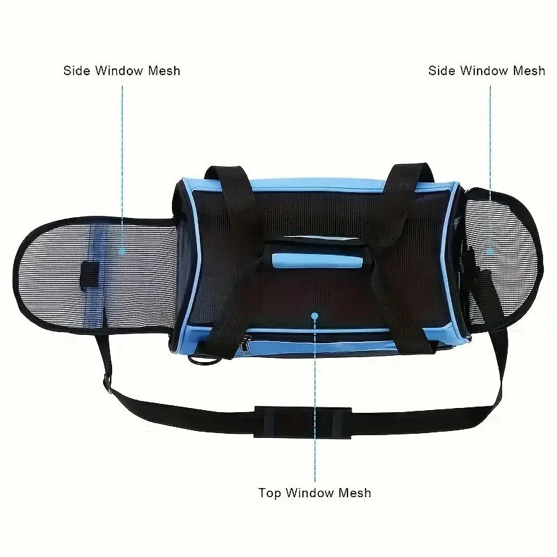 Pet carrier with mesh sides and top on a white background