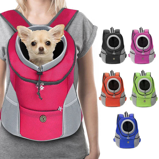 Pet backpack carrier with a small dog inside, shown on a person, with additional color options displayed.