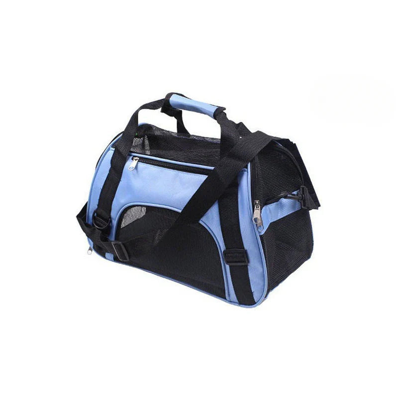 Pet carrier with blue and black design on a white background