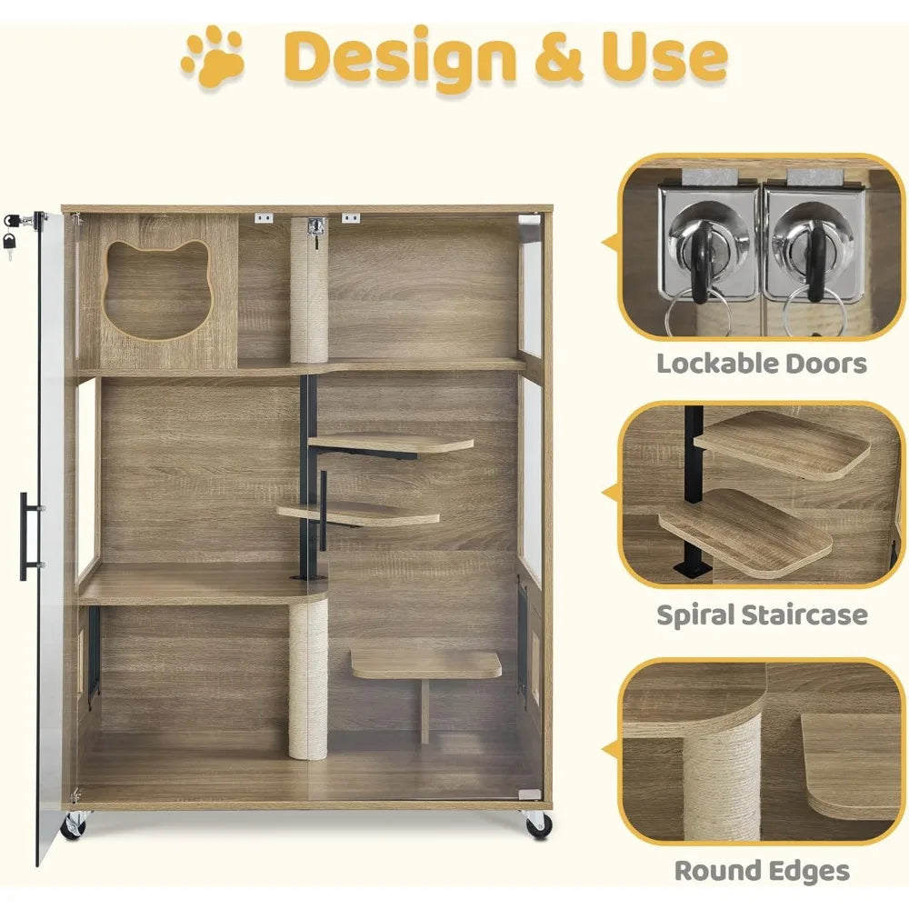 Wooden Cat House - Luxury Large Condo with Lockable Wheels & Escape Door - VYBE