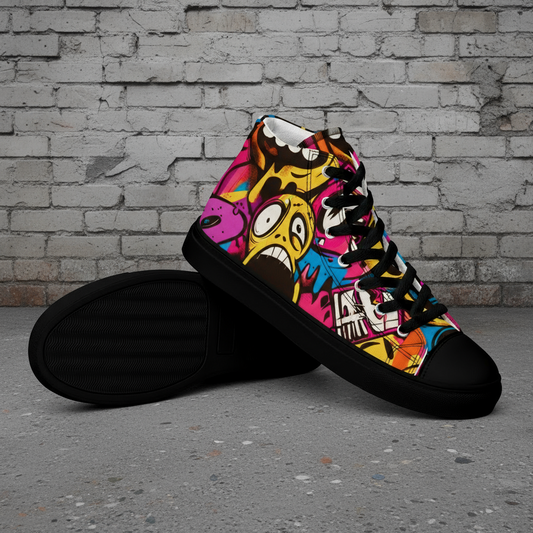 Colorful high-top sneakers with a cartoonish design on a white background