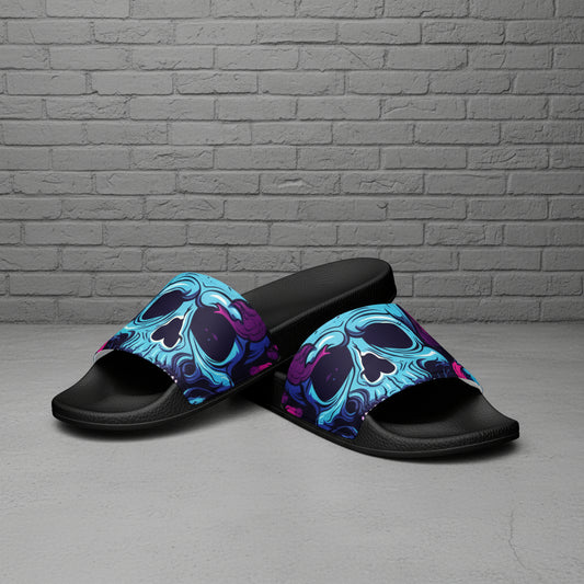 Black slides with colorful skull design on a white background