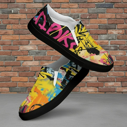 Colorful slip-on shoes with abstract design on a white background