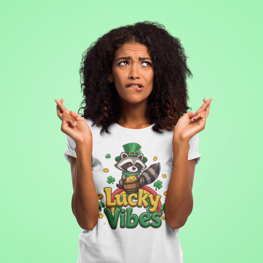 Woman wearing a 'Lucky Vibes' t-shirt with a raccoon graphic on a green background