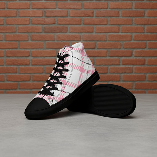 Pink plaid high-top sneakers with black soles on a white background
