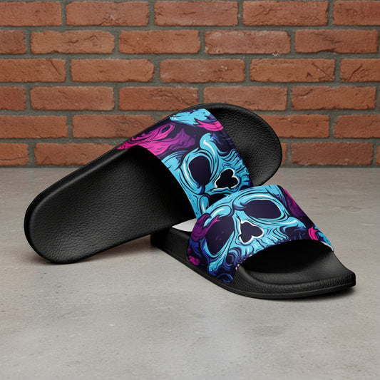 Black slides with colorful skull design on a white background