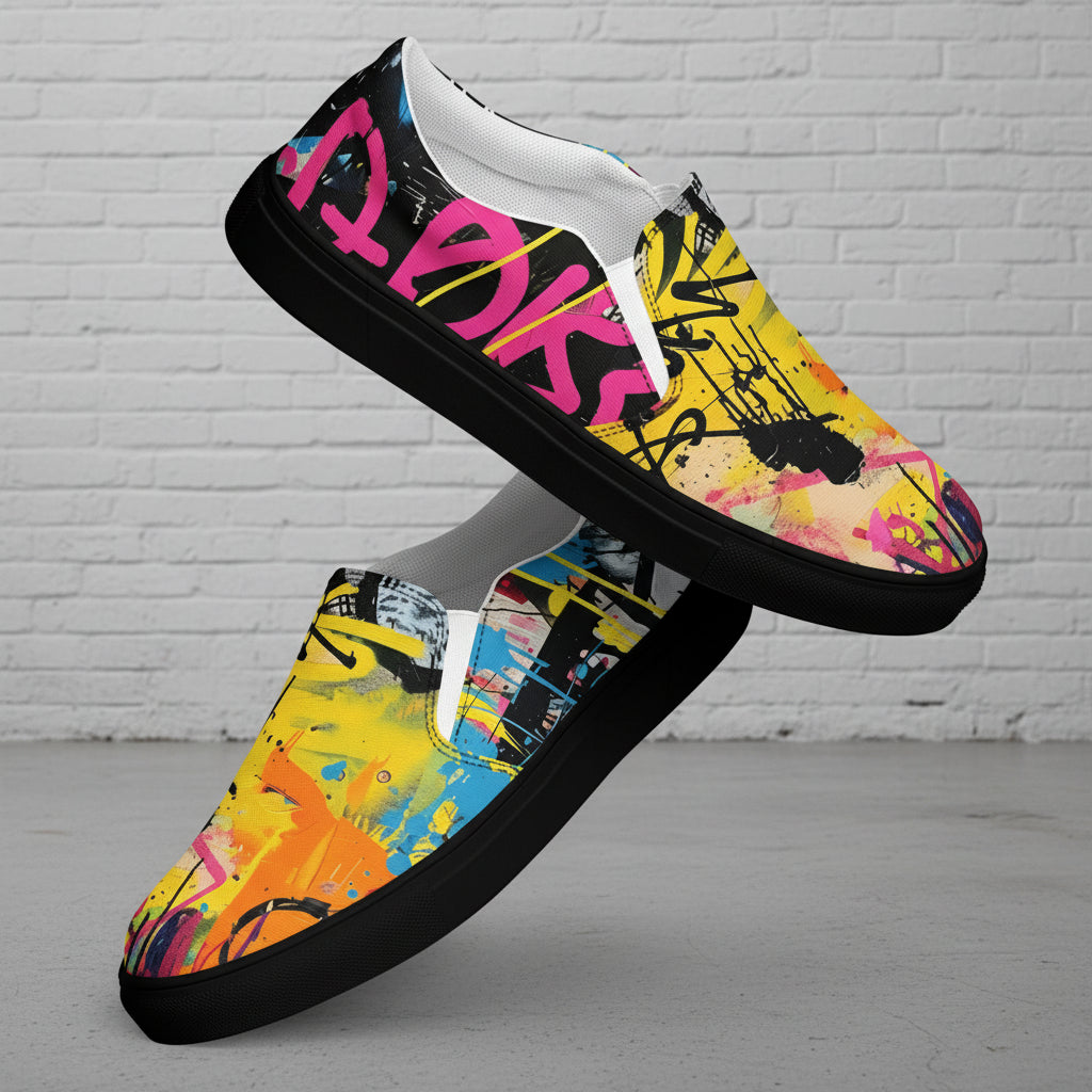 Colorful slip-on shoes with abstract design on a white background